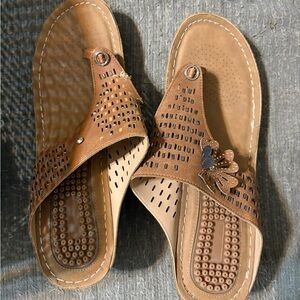 Brown Perforated Slide Sandals with Floral Accent